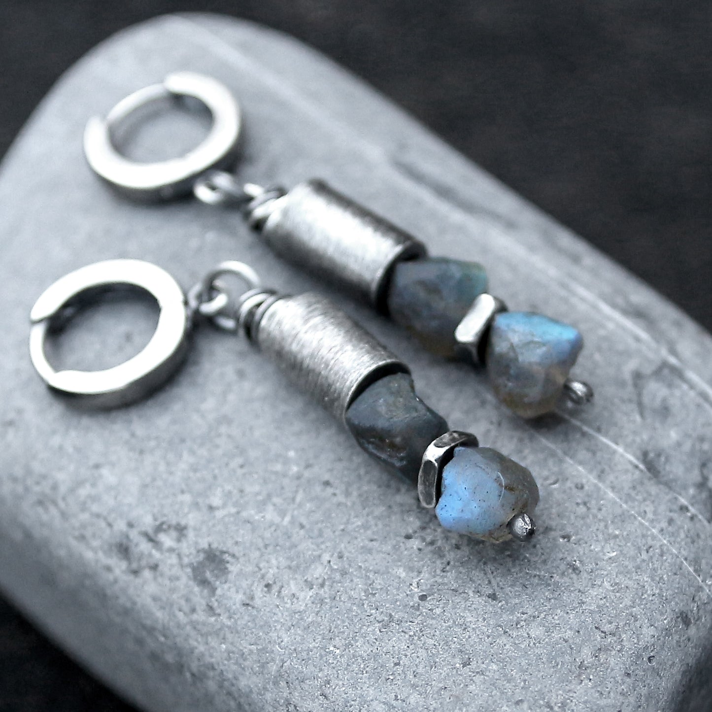 Labradorite, 925 Silver & Brushed Tube Dangle Earrings