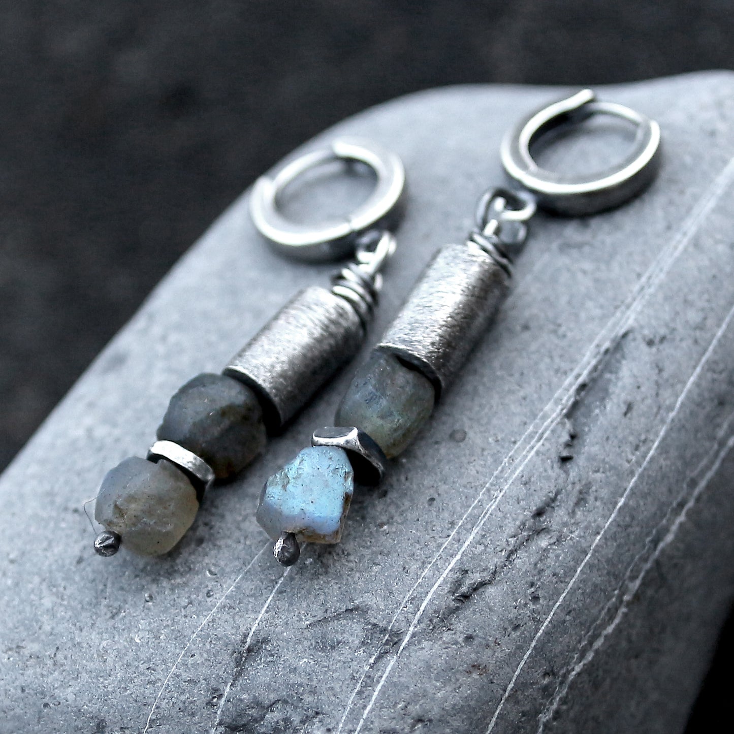 Labradorite, 925 Silver & Brushed Tube Dangle Earrings