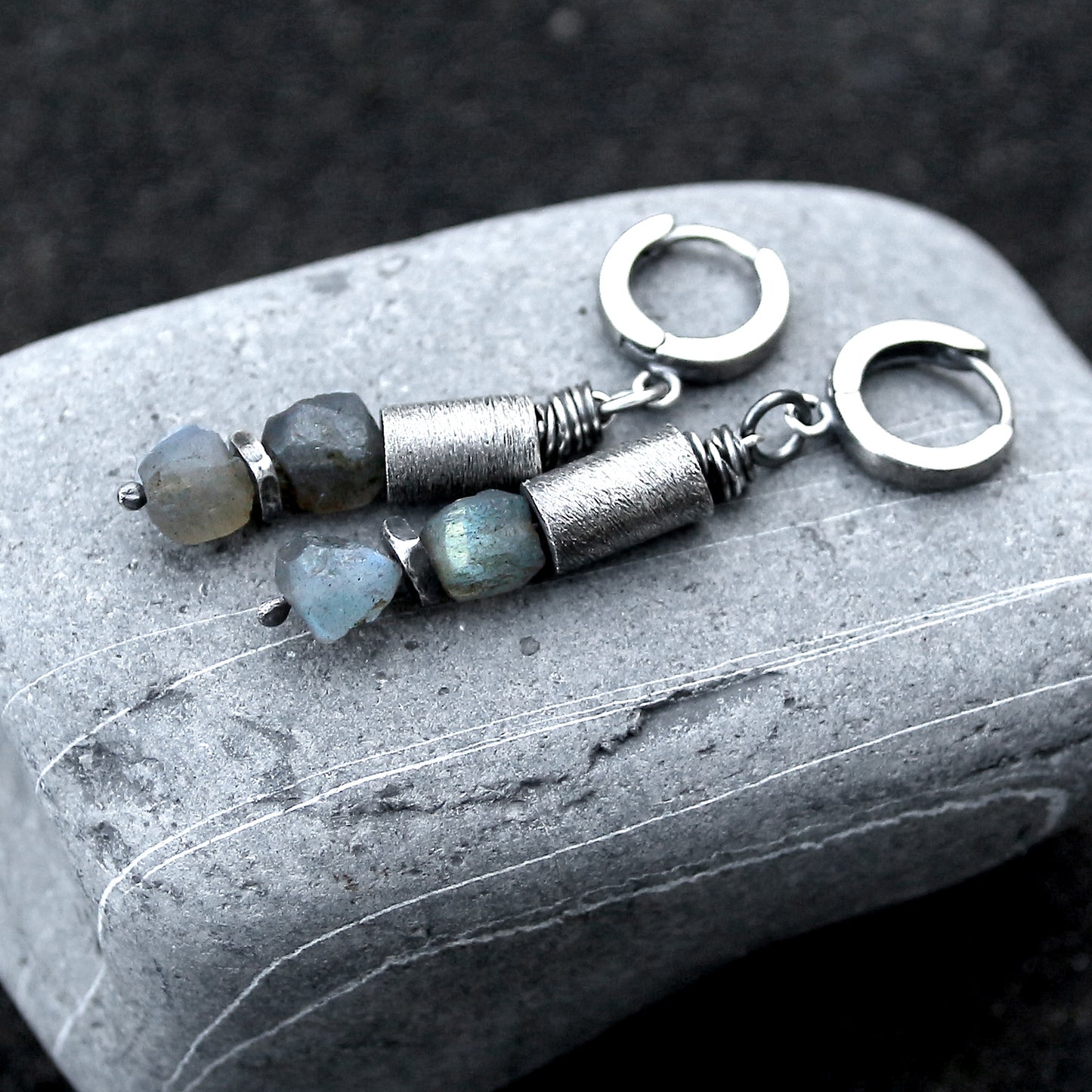 Labradorite, 925 Silver & Brushed Tube Dangle Earrings