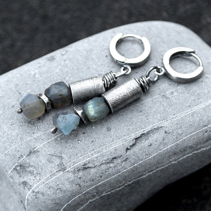 Labradorite, 925 Silver & Brushed Tube Dangle Earrings