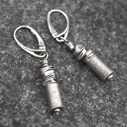 Oxidised Sterling Silver & Brushed Tube Dangle Earrings