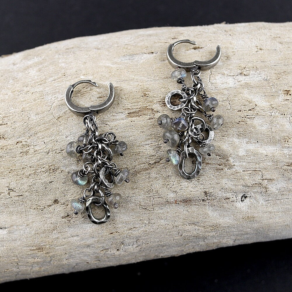 Labradorite & Oxidised Fine Silver Hammered Circles Dangle Earrings