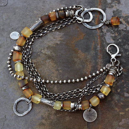 Bright Amber Multi Chain & Hammered Circles 925 Silver Bracelet