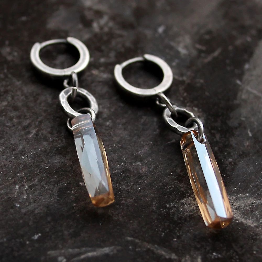 Swarovski Crystal Column & Hammered Fine Silver Circle Dangle Earrings