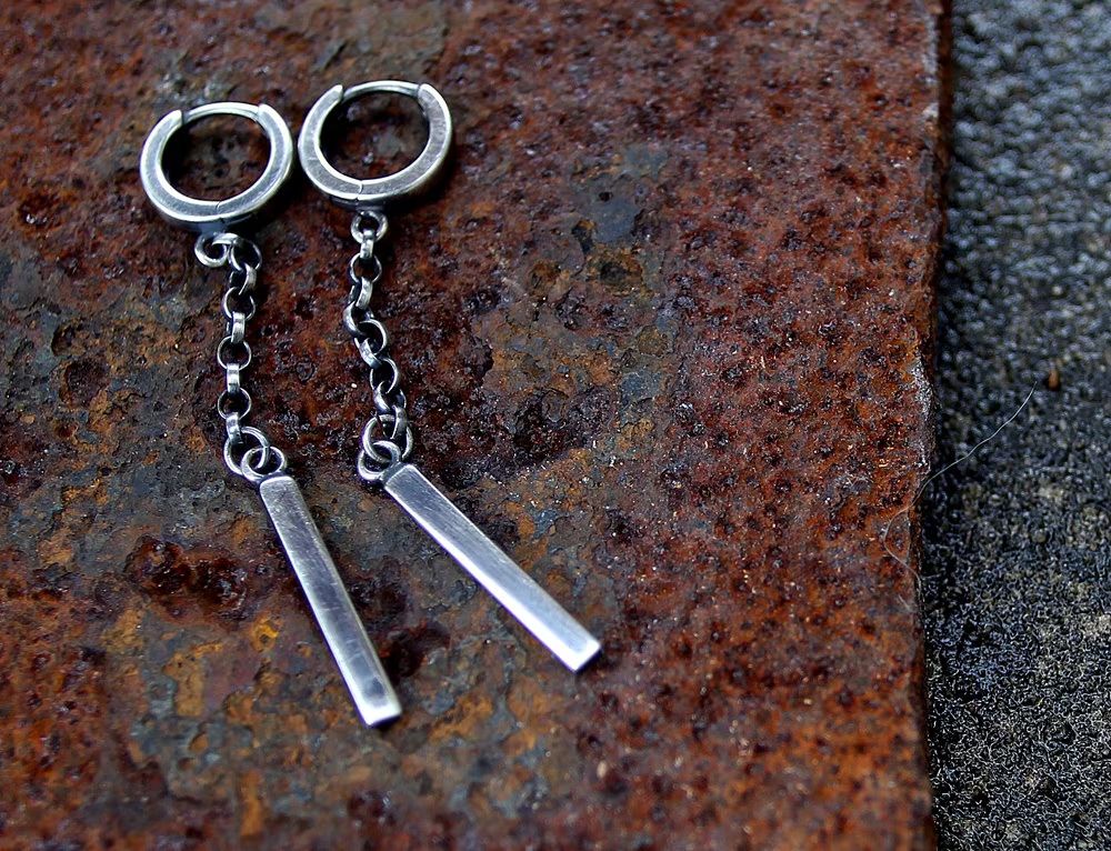 Oxidised Sterling Silver Chain & Bar Dangle Earrings