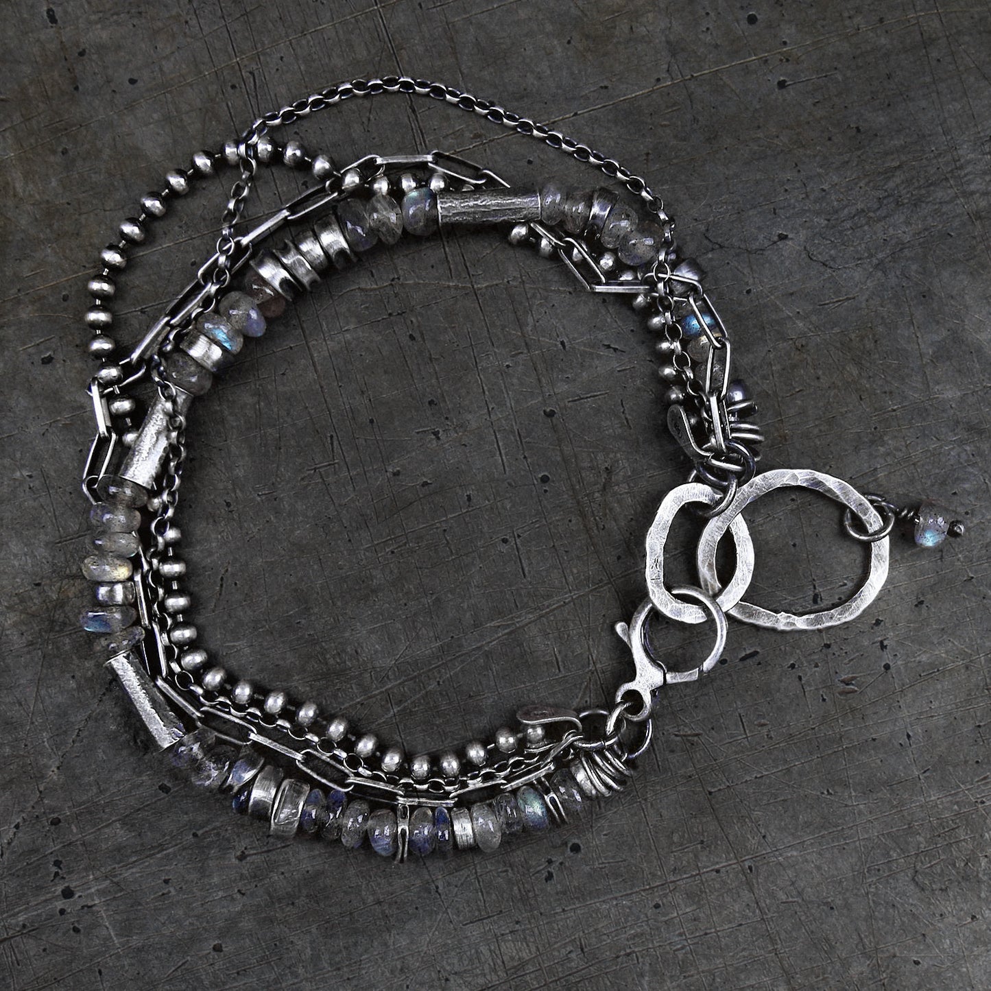 Labradorite Sterling Silver Multi Chain & Hammered Circles Bracelet