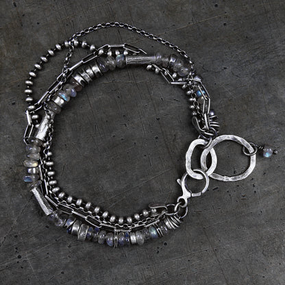 Labradorite Sterling Silver Multi Chain & Hammered Circles Bracelet