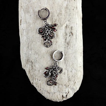 Red Garnet & Blackened Fine Silver Circles Dangle Earrings