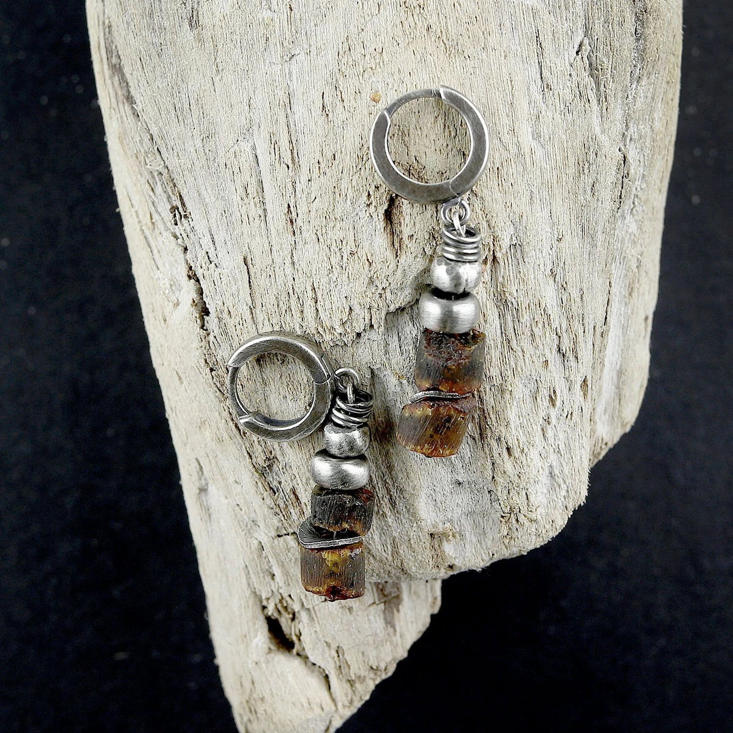 Brown Amber & Oxidised Sterling Silver Dangle Earrings