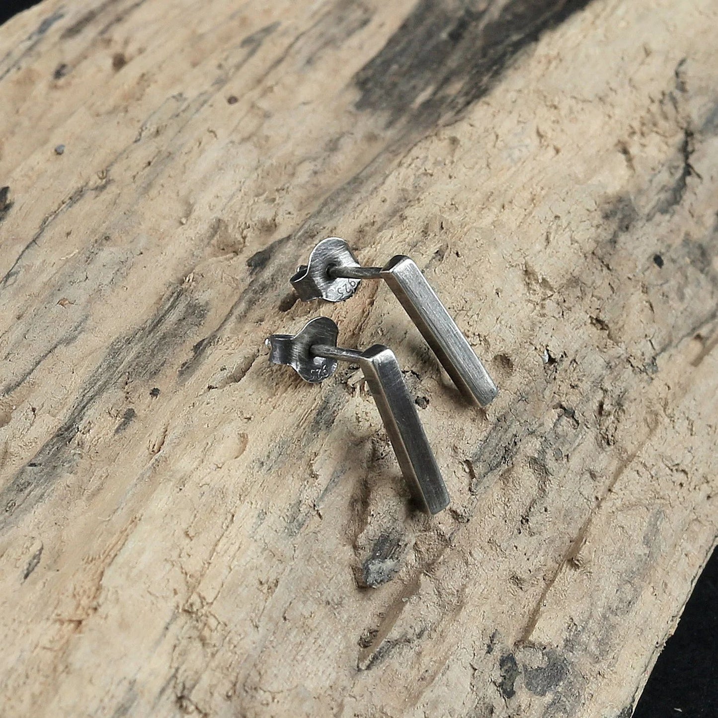 Minimalist Oxidised 925 Silver Short Bar Stud Earrings