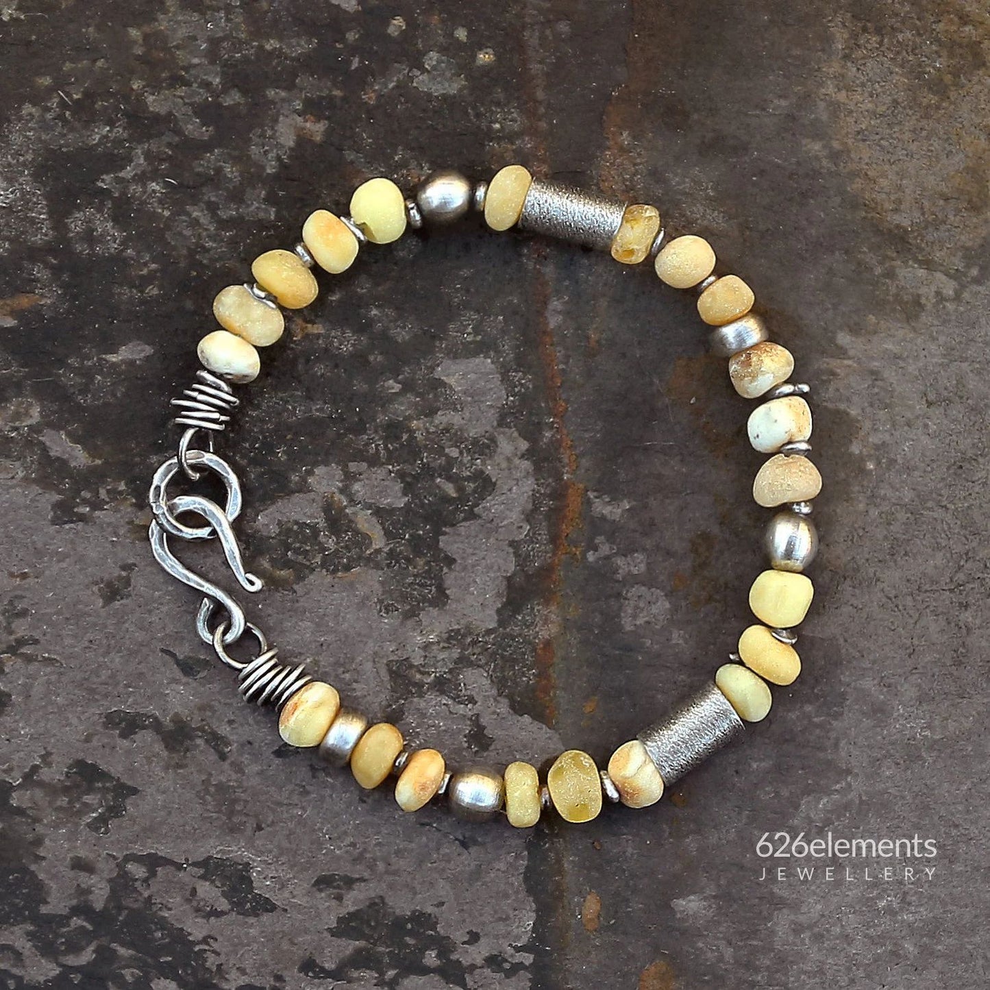 Sunny Yellow Amber Oxidised 925 & 999 Silver Bracelet