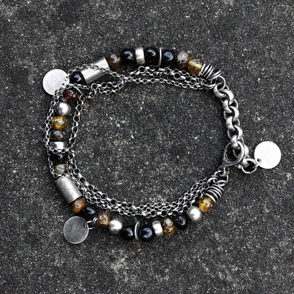 Dark Amber Multi Chain & Disc Sterling Silver Bracelet