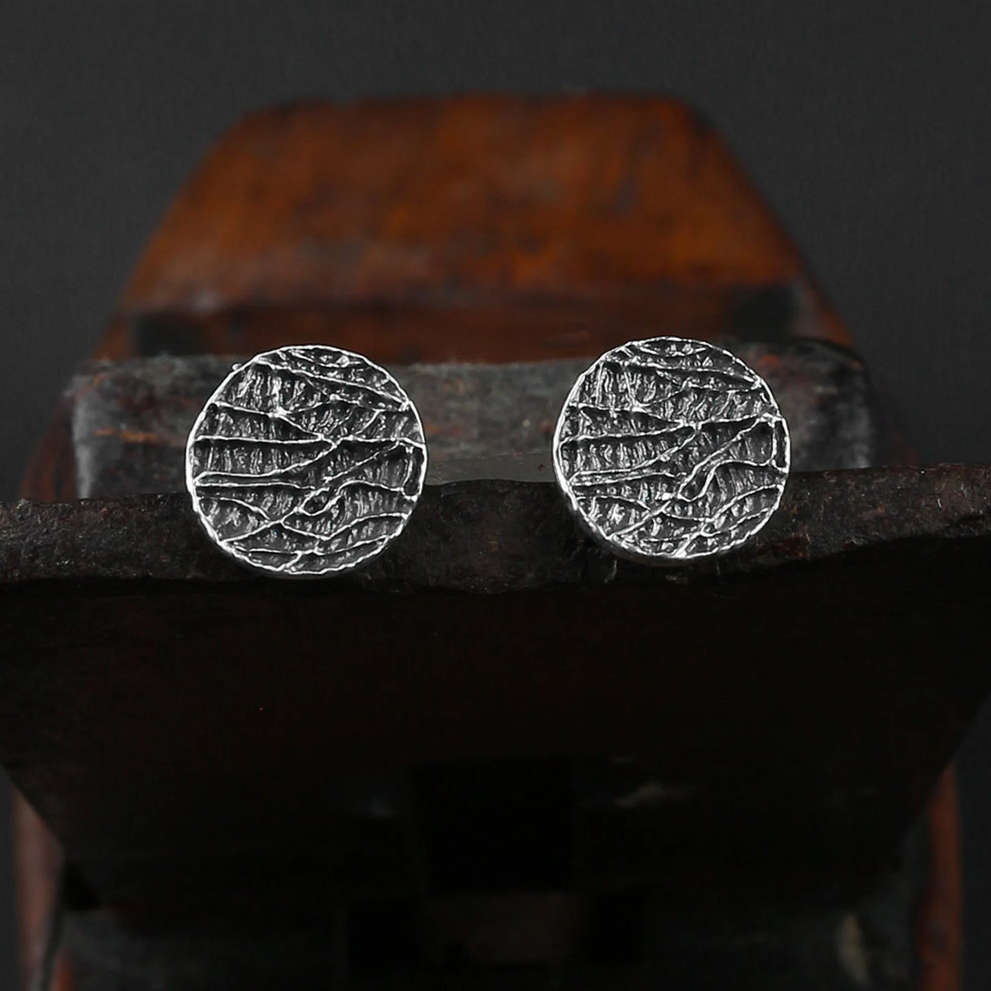 Textured Blackened Sterling Silver Round Stud Earrings