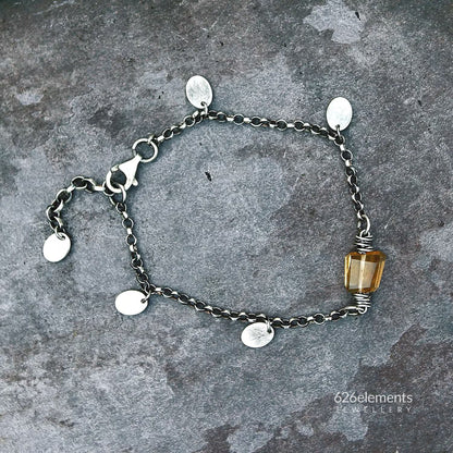 Women's Yellow Citrine Sterling Silver Chain & Oval Discs Bracelet