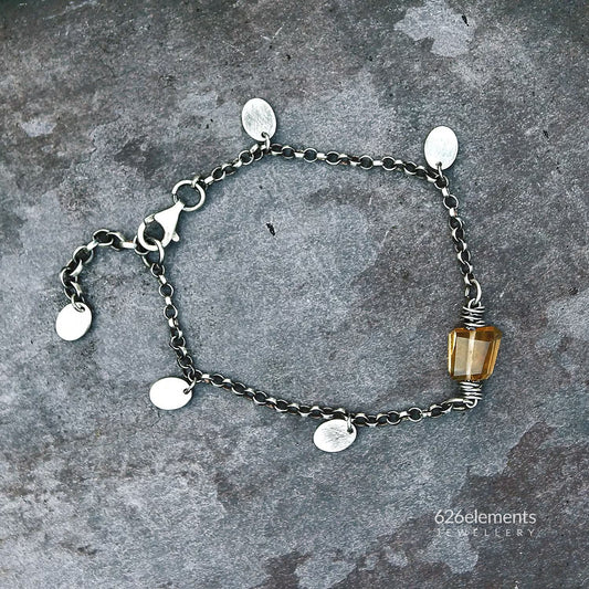 Women's Yellow Citrine Sterling Silver Chain & Oval Discs Bracelet