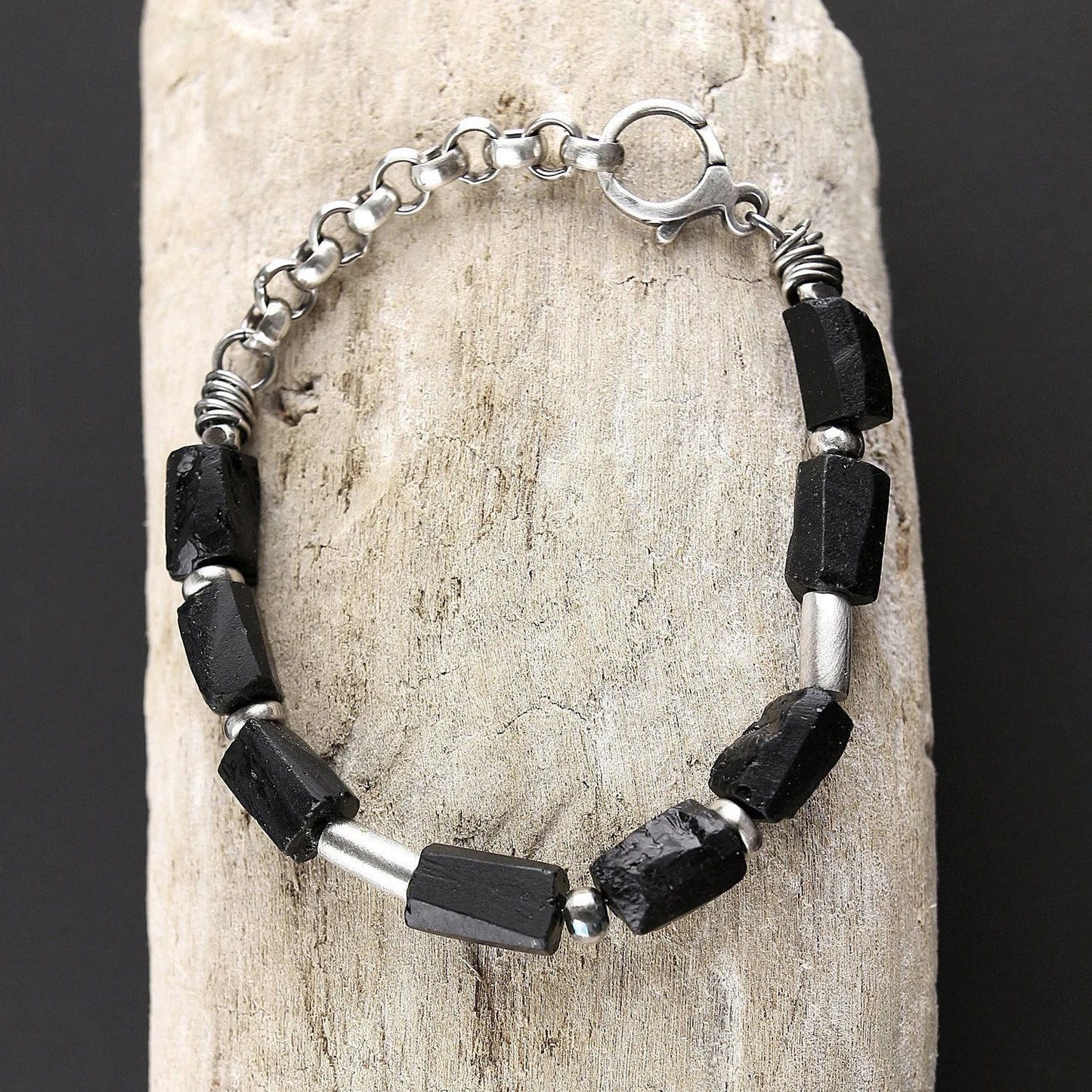 Black Raw Tourmaline & Oxidised 925 Silver Bracelet