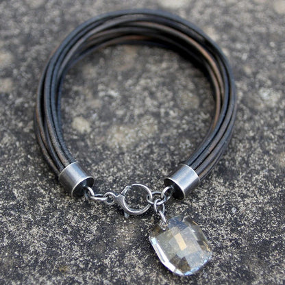 Swarovski Crystal Dark Leather & 925 Silver Bracelet