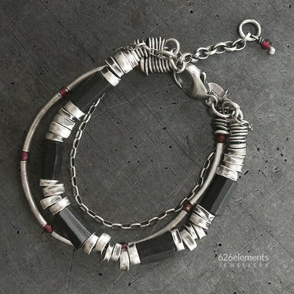 Black Tourmaline, Red Garnet & 925 Silver Multi-Layered Bracelet