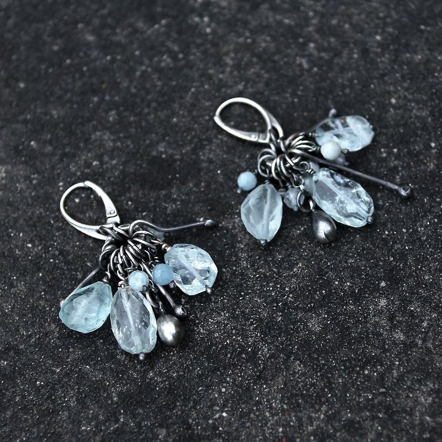 Pale Blue Aquamaine & Oxidised Sterling Silver Dangle Earrings