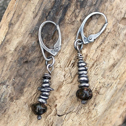 Cherry Baltic Amber & Blackened Fine Silver Dangle Earrings