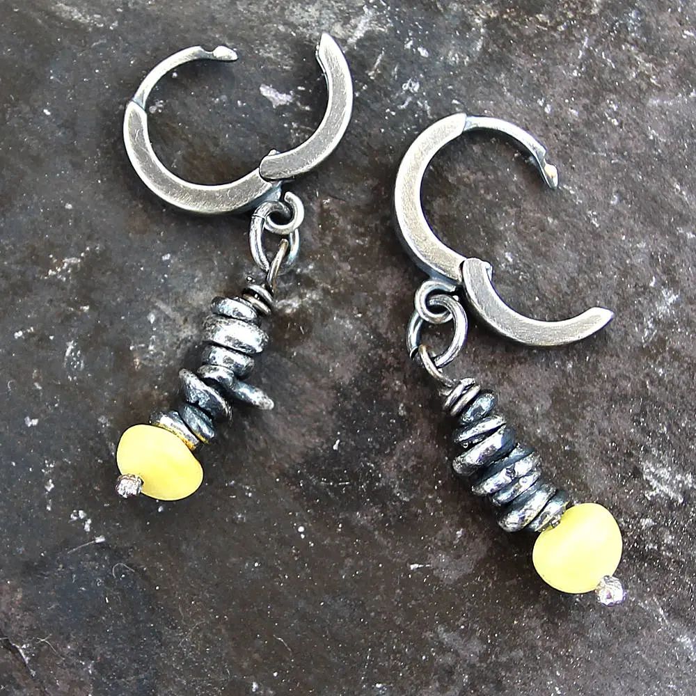 Yellow Natural Amber & Oxidised Fine Silver Dangle Earrings