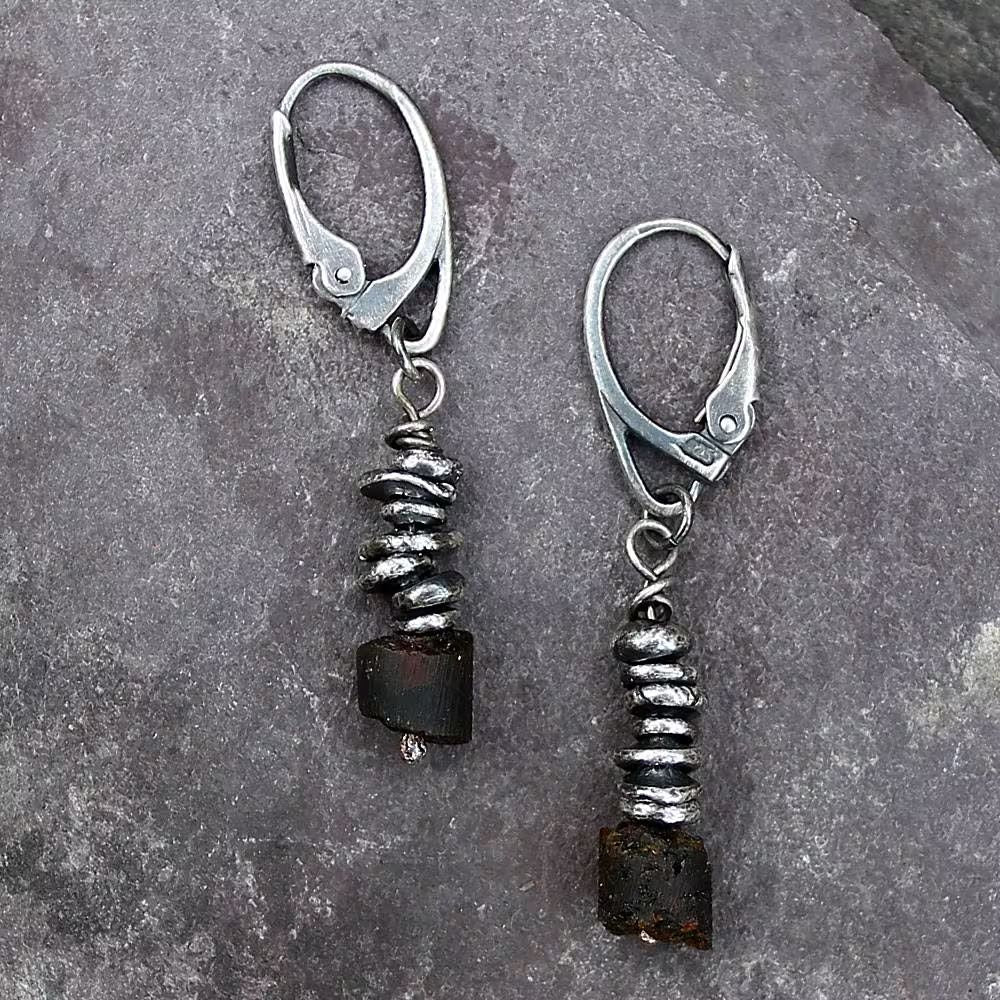 Brown Raw Baltic Amber & Oxidised Fine Silver Dangle Earrings