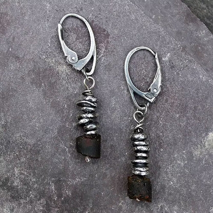 Brown Raw Baltic Amber & Oxidised Fine Silver Dangle Earrings