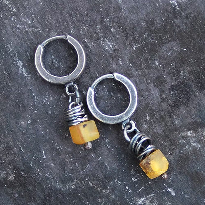 Yellow Baltic Amber & 925 Silver Hoop Earrings