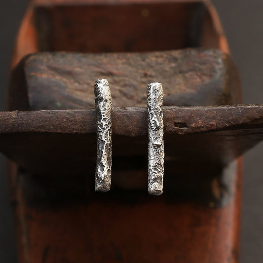 Textured Blackened Sterling Silver Bar Stud Earrings