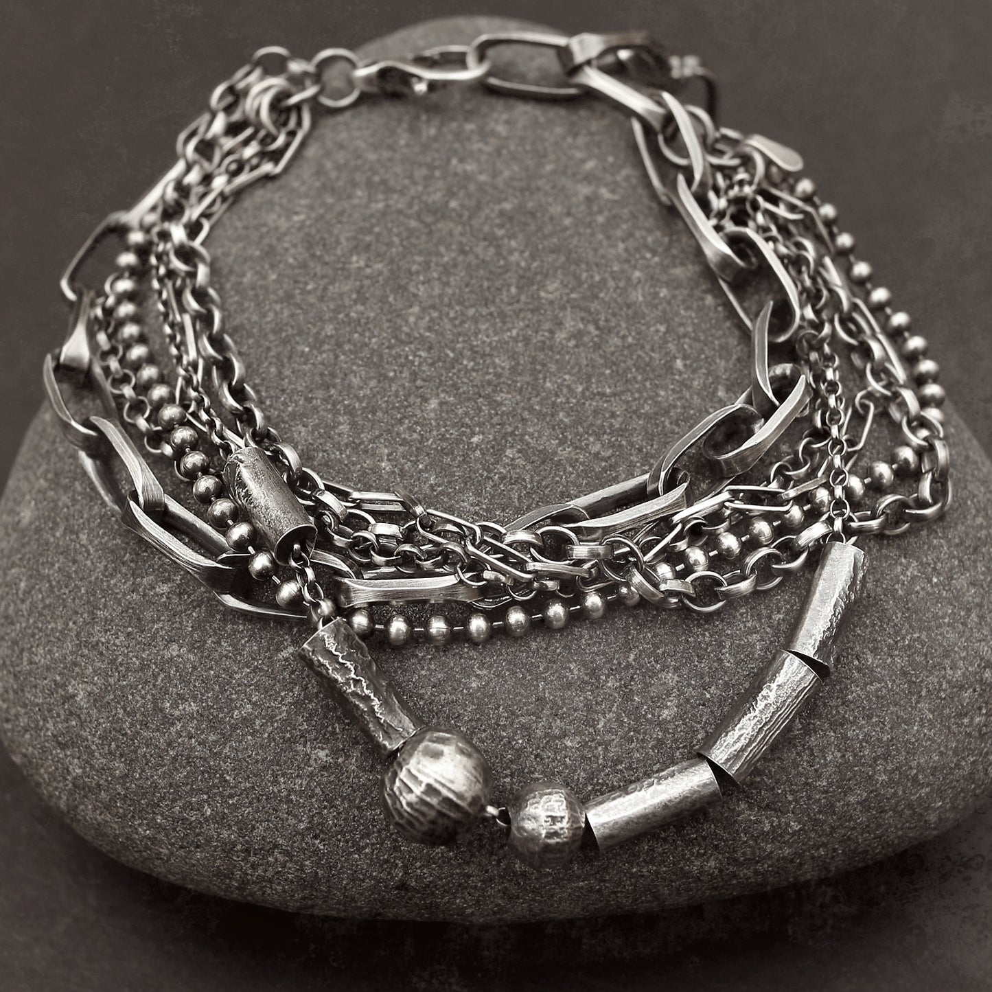 Oxidised Sterling Silver Layered Multi Chain Bracelet