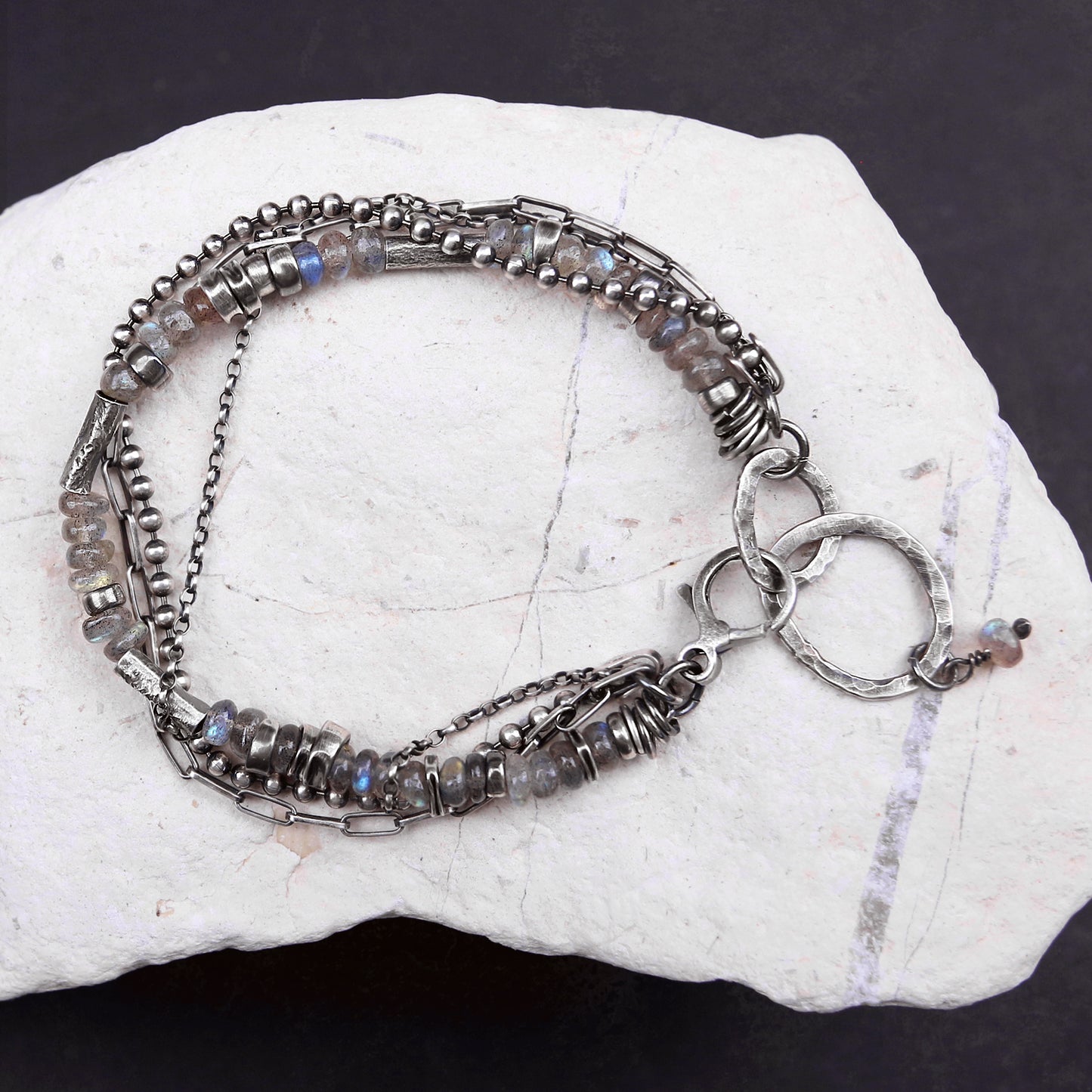 Labradorite Sterling Silver Multi Chain & Hammered Circles Bracelet