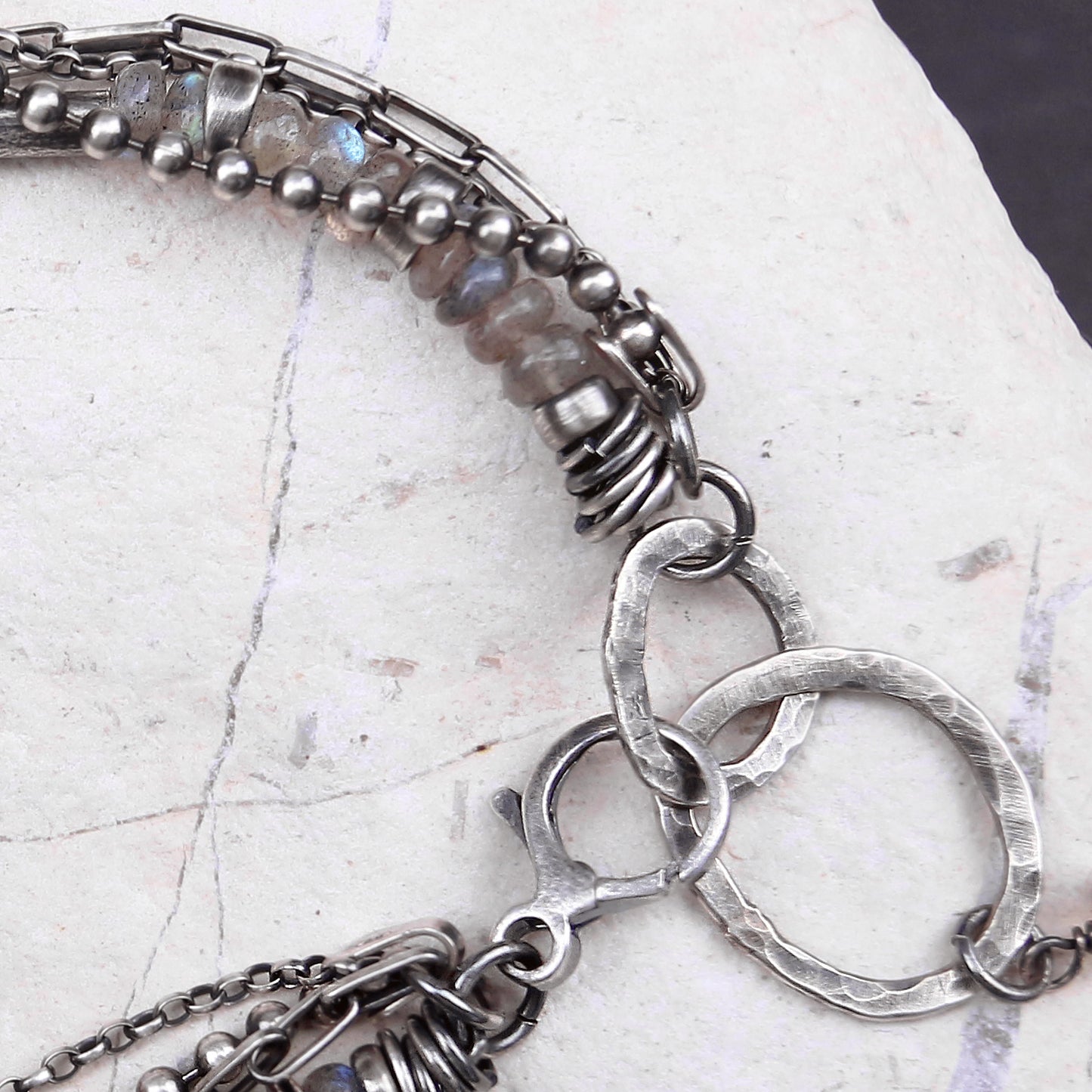 Labradorite Sterling Silver Multi Chain & Hammered Circles Bracelet