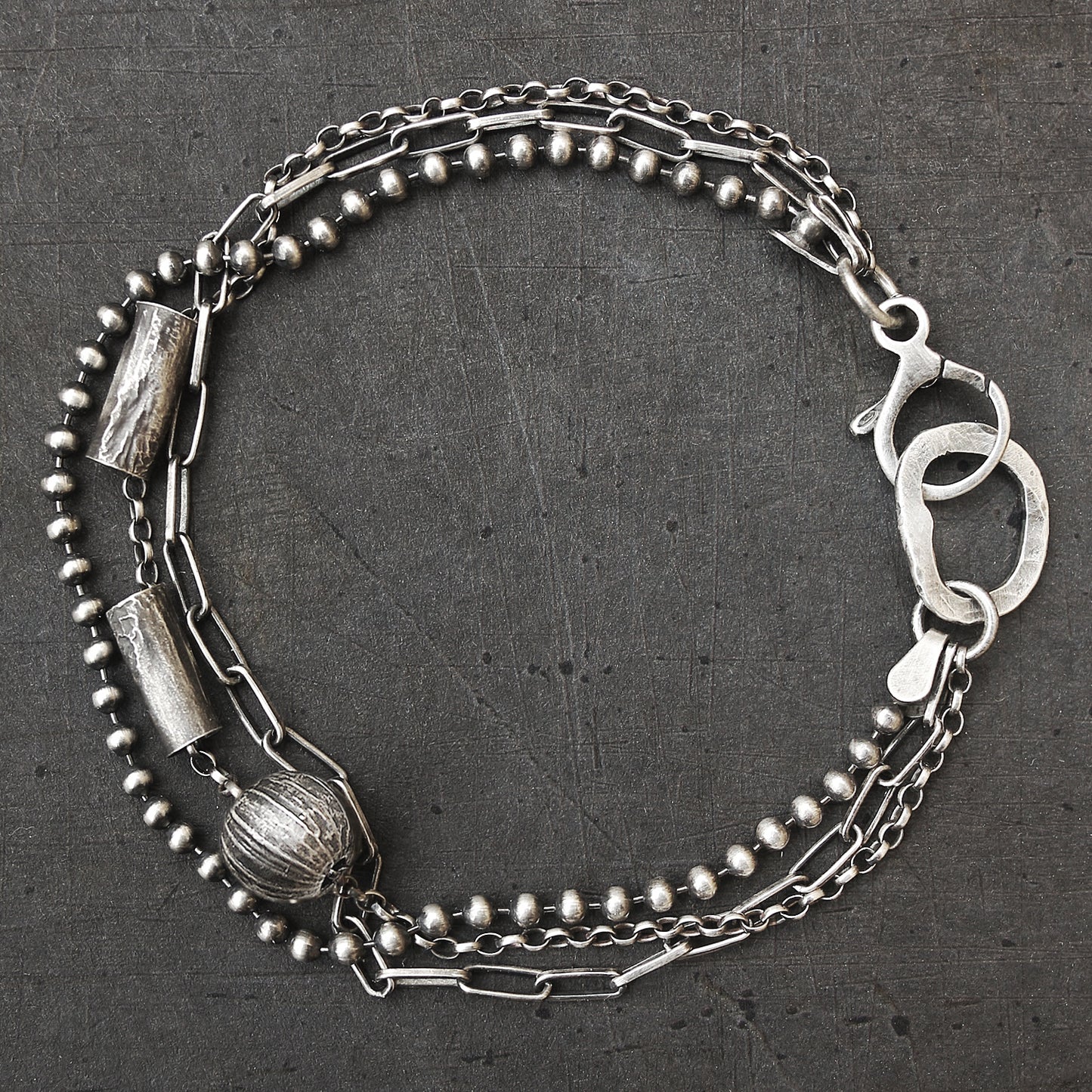 Blackened Sterling Silver Multi Chain Textured Tubes & Ball Bracelet