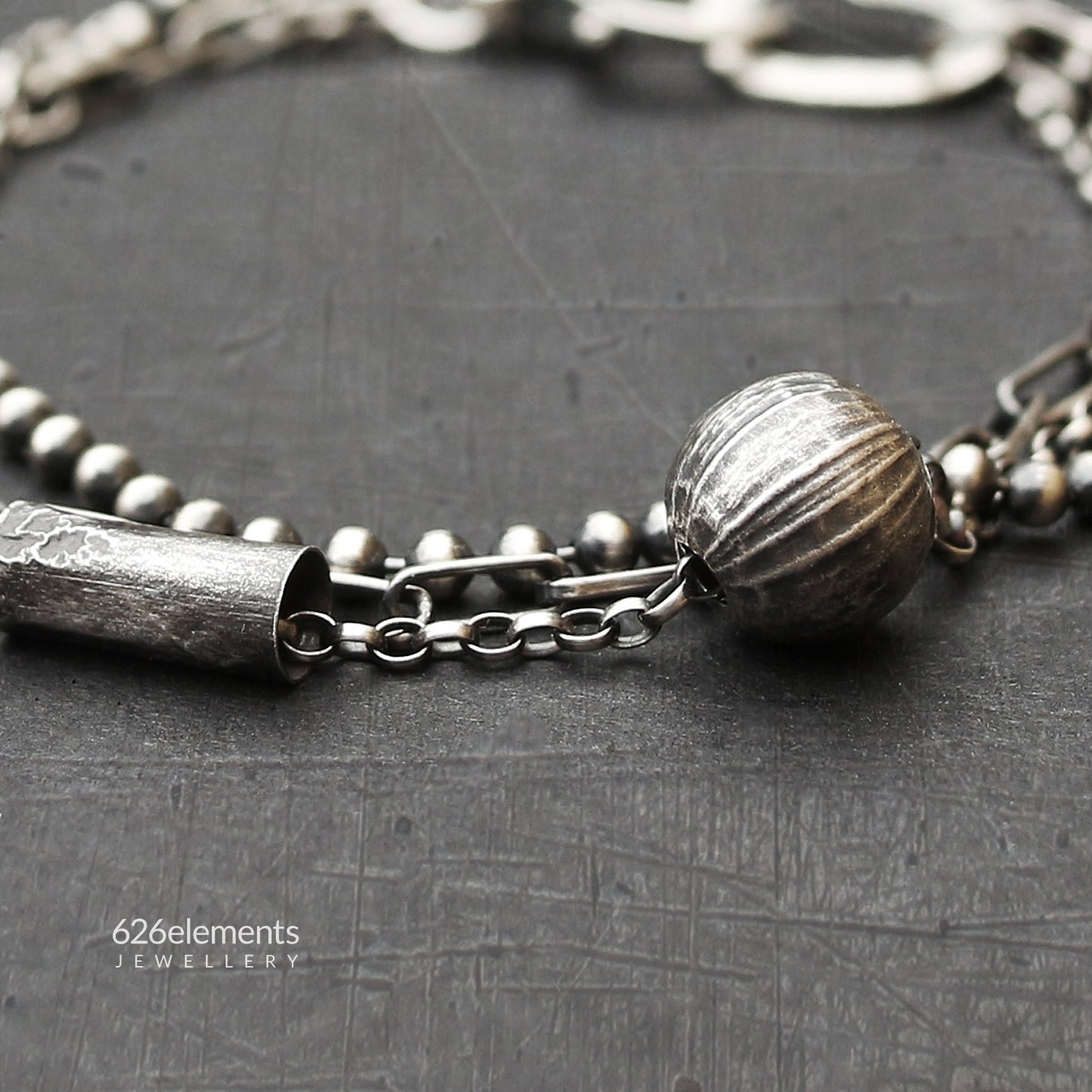 Blackened Sterling Silver Multi Chain Textured Tubes & Ball Bracelet