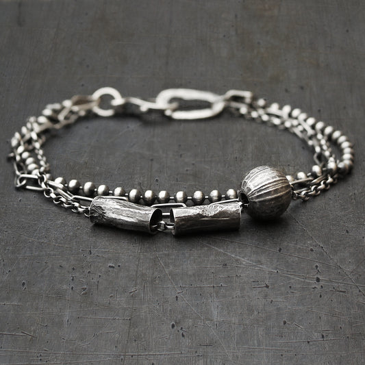 Blackened Sterling Silver Multi Chain Textured Tubes & Ball Bracelet