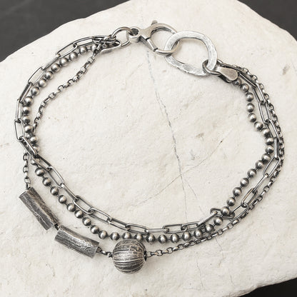 Blackened Sterling Silver Multi Chain Textured Tubes & Ball Bracelet