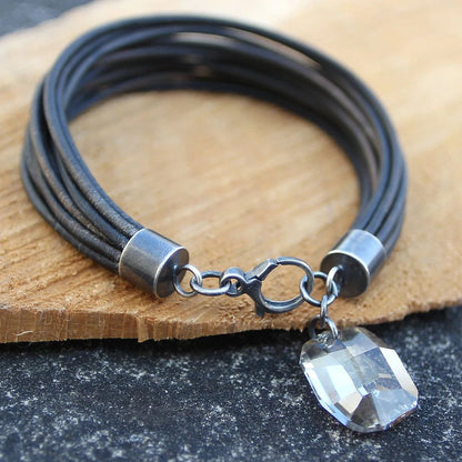 Swarovski Crystal Dark Leather & 925 Silver Bracelet