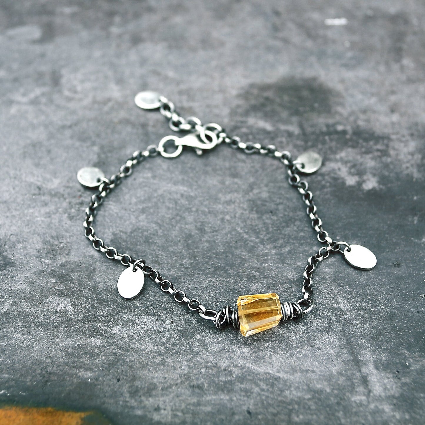 Women's Yellow Citrine Sterling Silver Chain & Oval Discs Bracelet