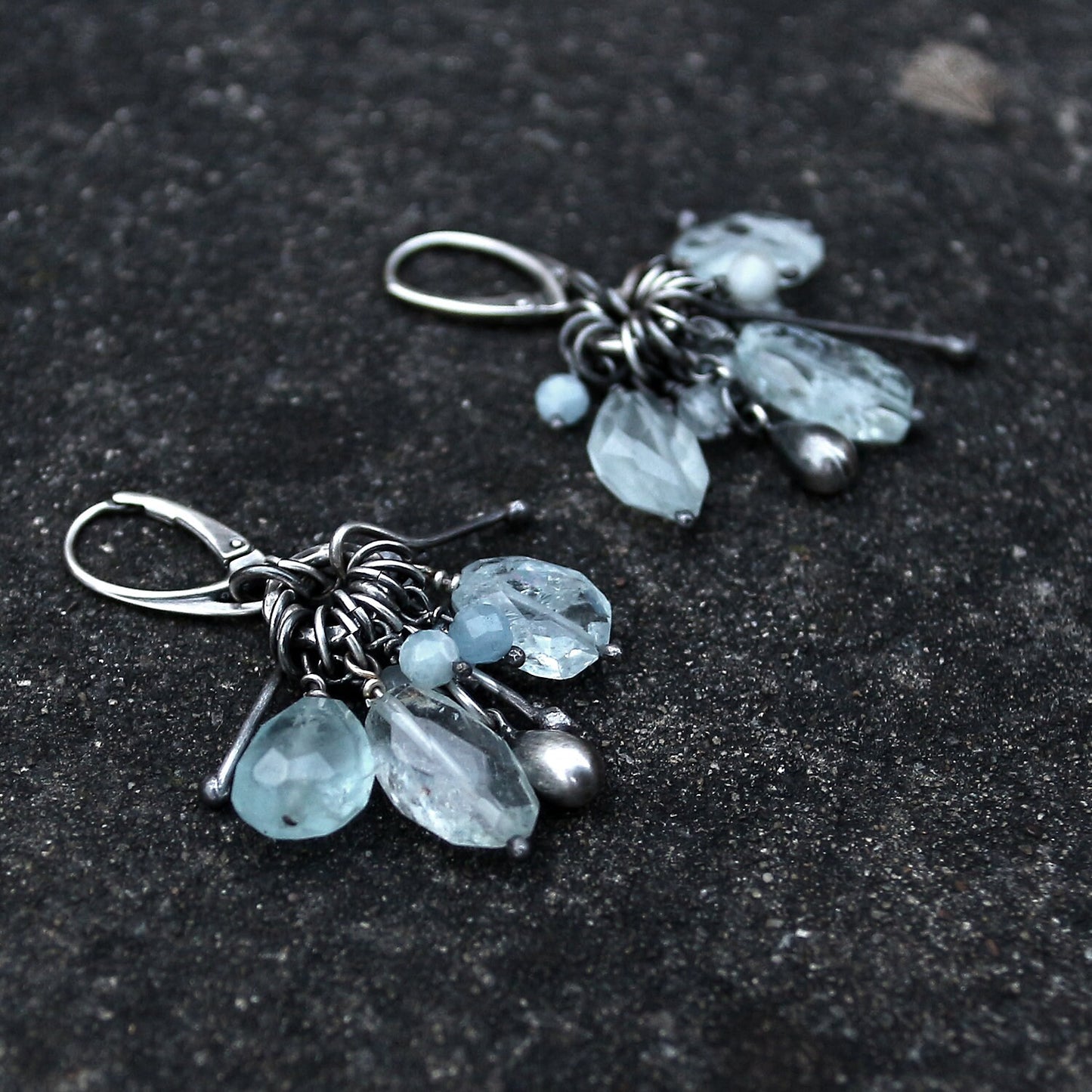 Pale Blue Aquamaine & Oxidised Sterling Silver Dangle Earrings