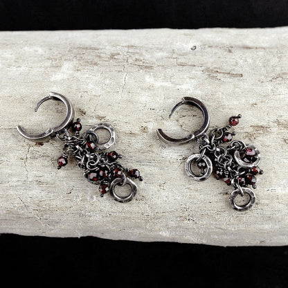 Red Garnet & Blackened Fine Silver Circles Dangle Earrings