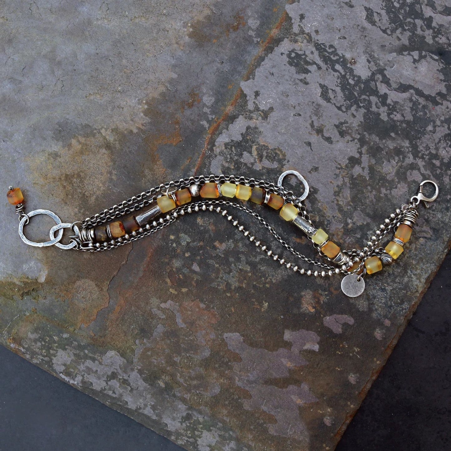 Bright Amber Multi Chain & Hammered Circles 925 Silver Bracelet