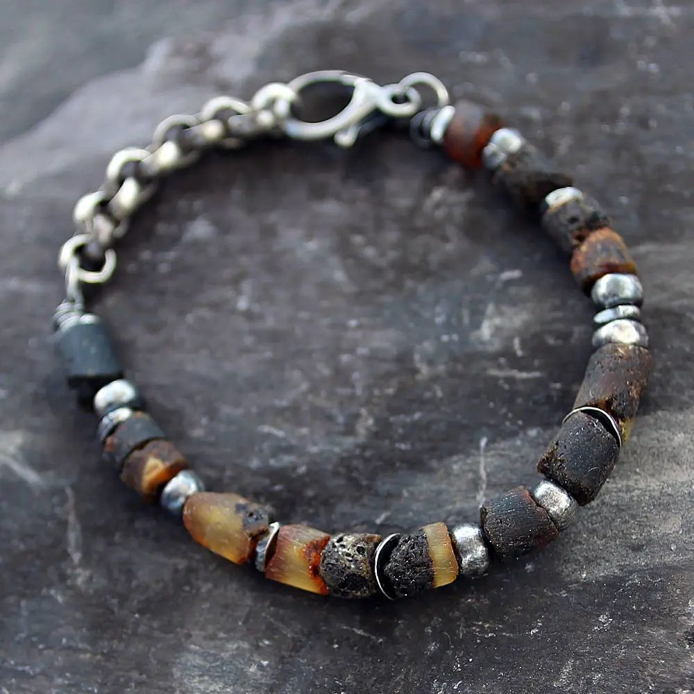 Men's Raw Amber & Oxidised Sterling Silver Bracelet