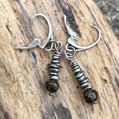 Cherry Baltic Amber & Blackened Fine Silver Dangle Earrings