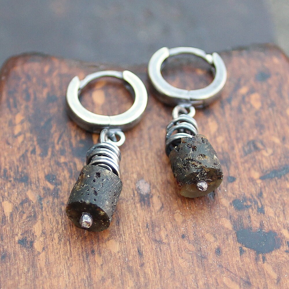 Dark Amber & Sterling Silver Hoop Earrings