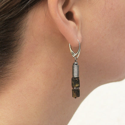 Dark Amber, Sterling Silver & Brushed Tube Dangle Earrings