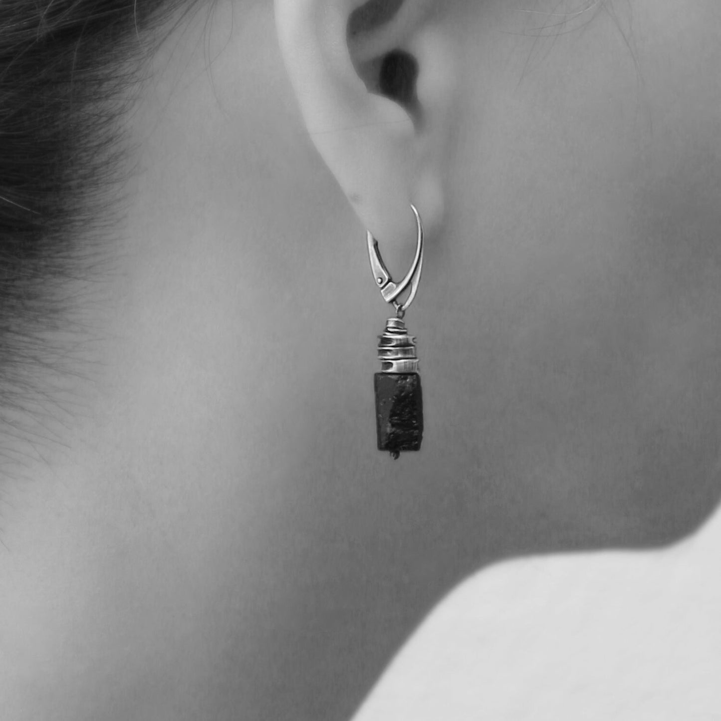 Black Raw Tourmaline & 925 Silver Dangle Earrings