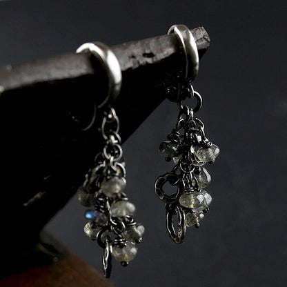 Labradorite & Oxidised Fine Silver Hammered Circles Dangle Earrings