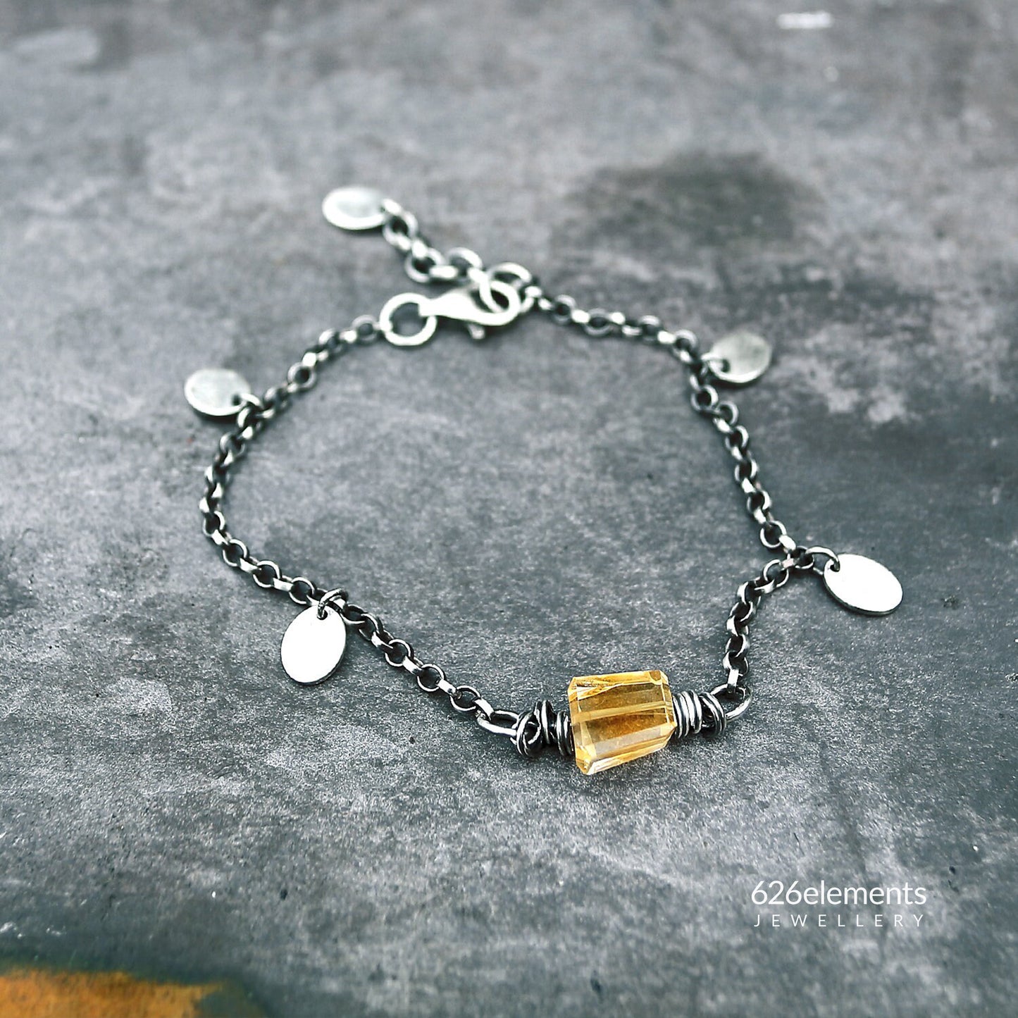 Women's Yellow Citrine Sterling Silver Chain & Oval Discs Bracelet