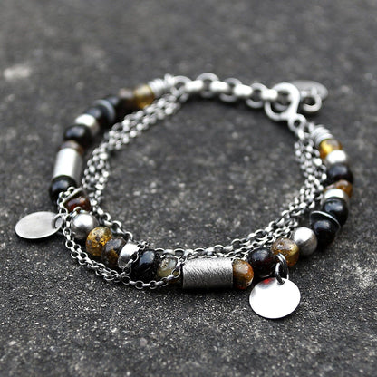 Dark Amber Multi Chain & Disc Sterling Silver Bracelet