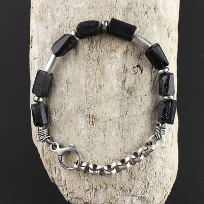 Black Raw Tourmaline & Oxidised 925 Silver Bracelet